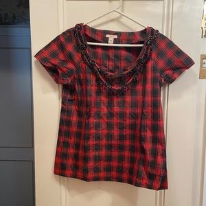 J Crew plaid, beaded silk blouse